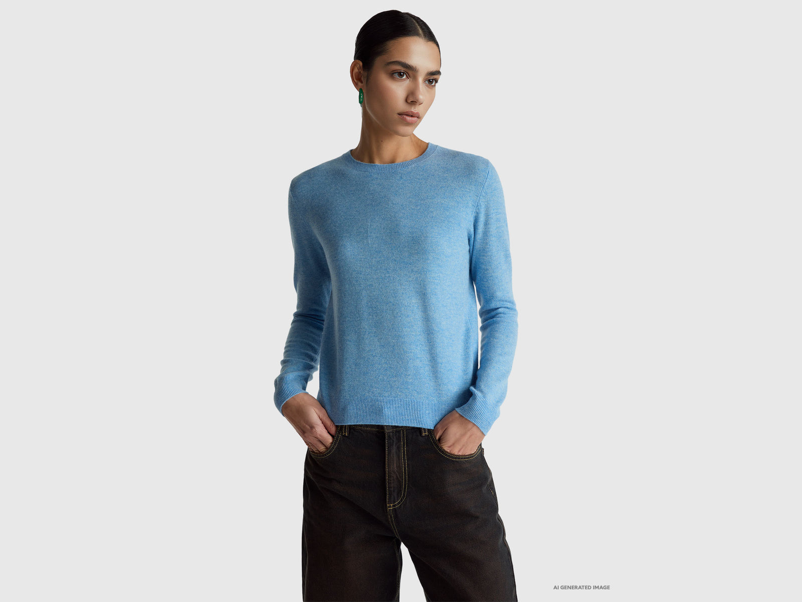 Camisola de gola redonda azul-claro em lã Merino - ucb_image_F
