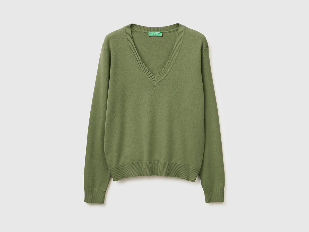 Olive green V-neck sweater in tricot cotton - ucb_image_FS