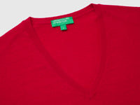 Camisola decote em V vermelho-ameixa em pura lã Merino - ucb_image_DS1