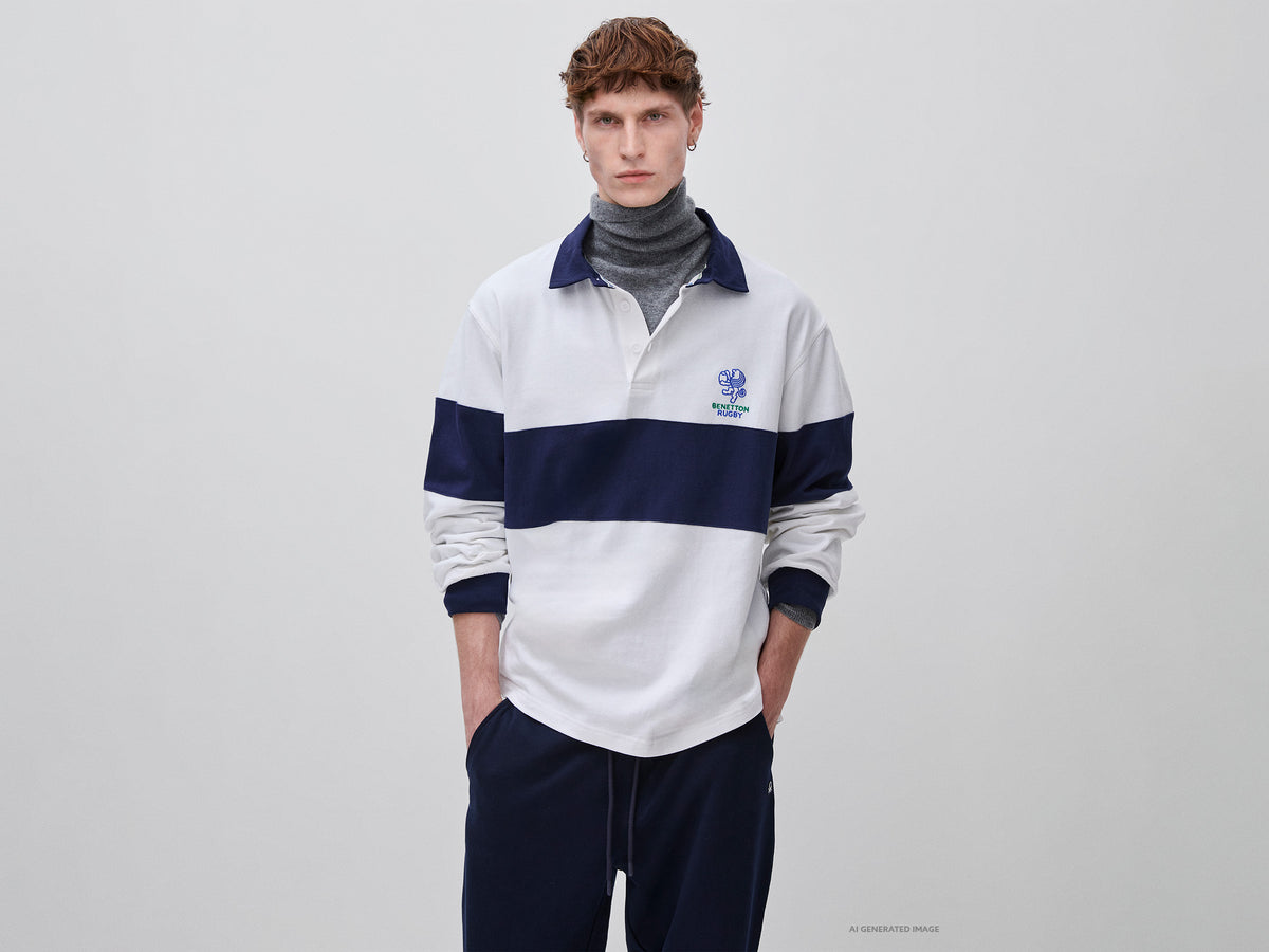 Polo branco e azul Benetton Rugby 100% algodão - ucb_image_F