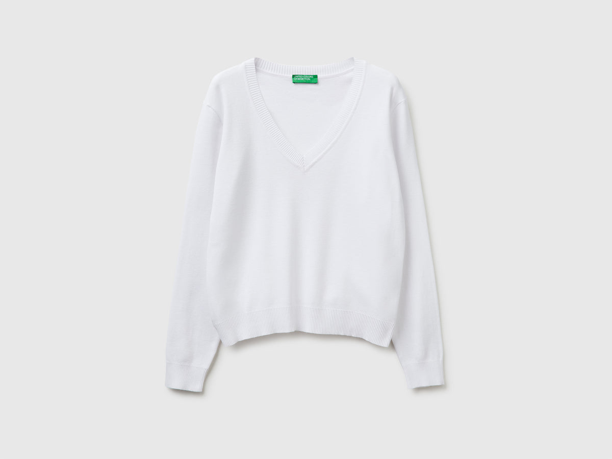 White V-neck sweater in tricot cotton - ucb_image_FS