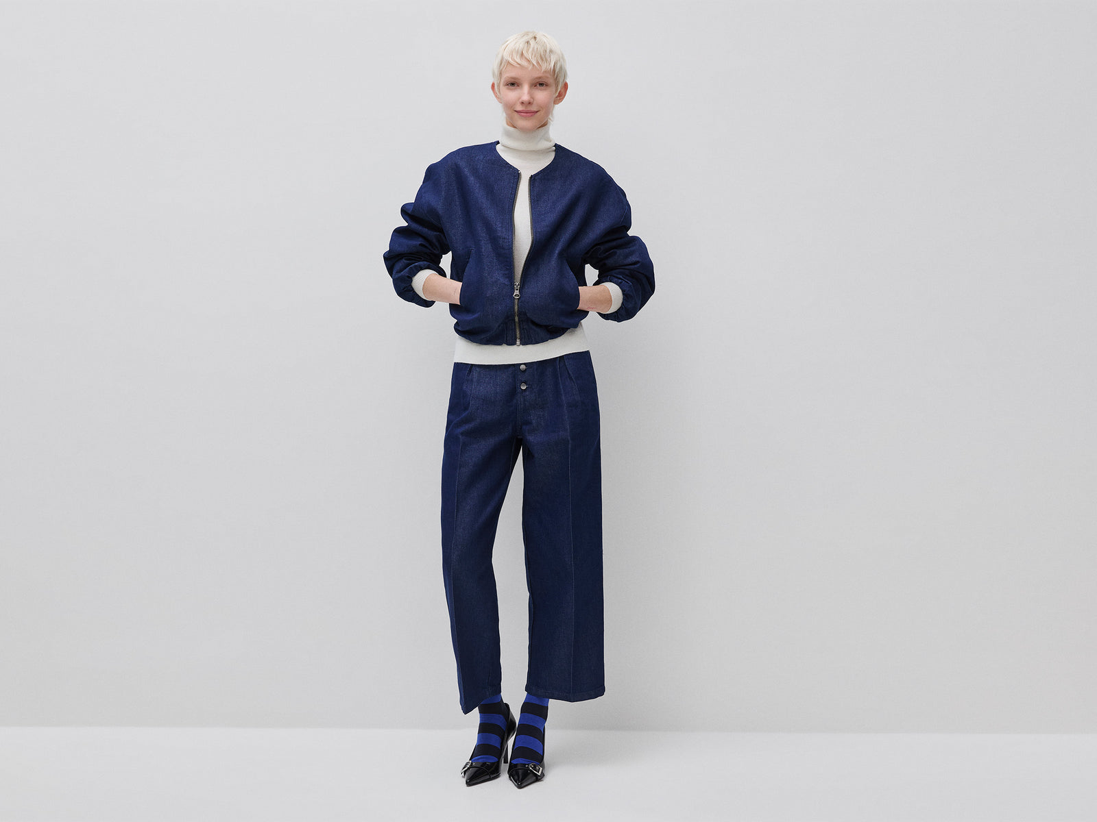 Denim bomber jacket with lurex