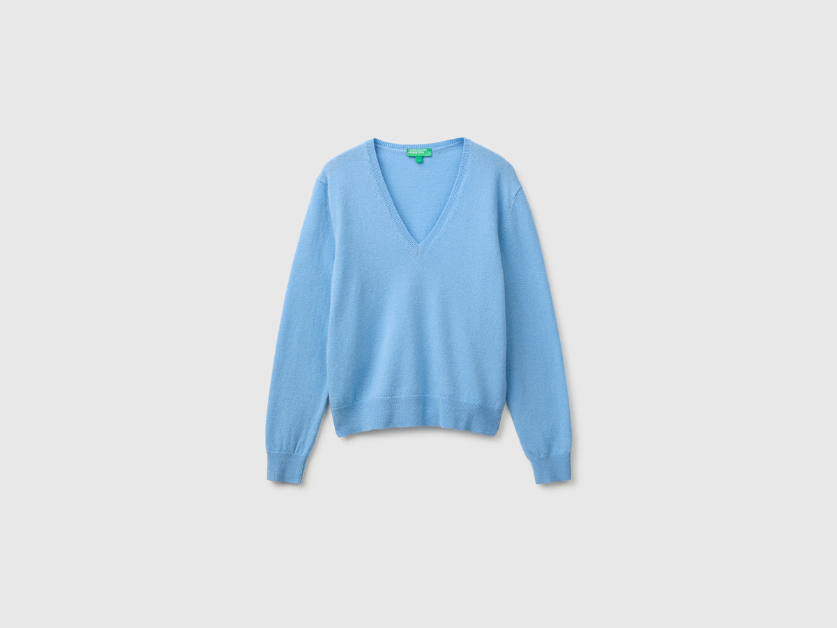 Camisola decote em V azul-claro em pura lã Merino - ucb_image_FS
