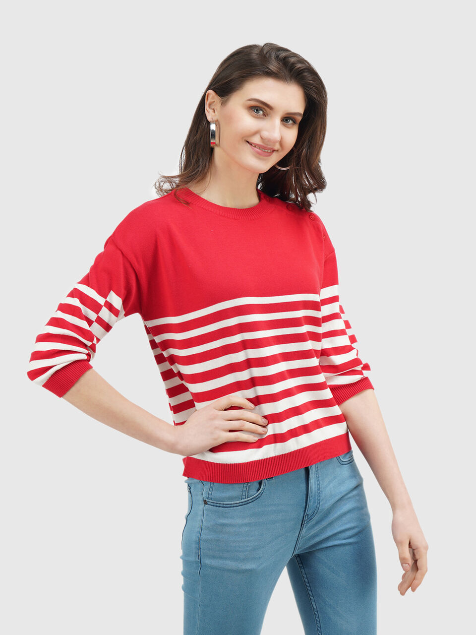Full Sleeve Stripe Button Shoulder Tricot Top image number null