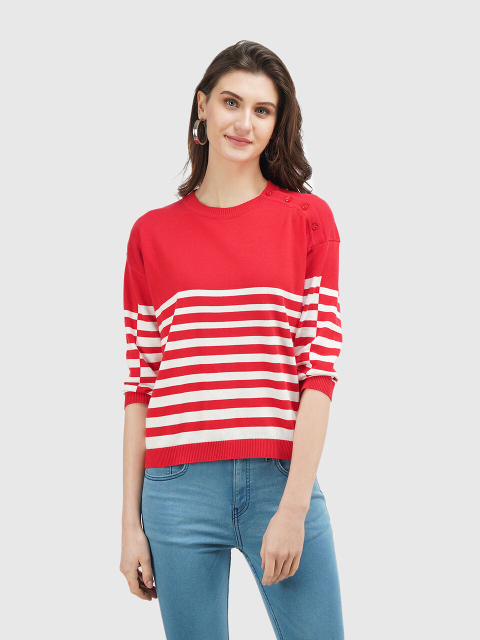 Full Sleeve Stripe Button Shoulder Tricot Top image number null
