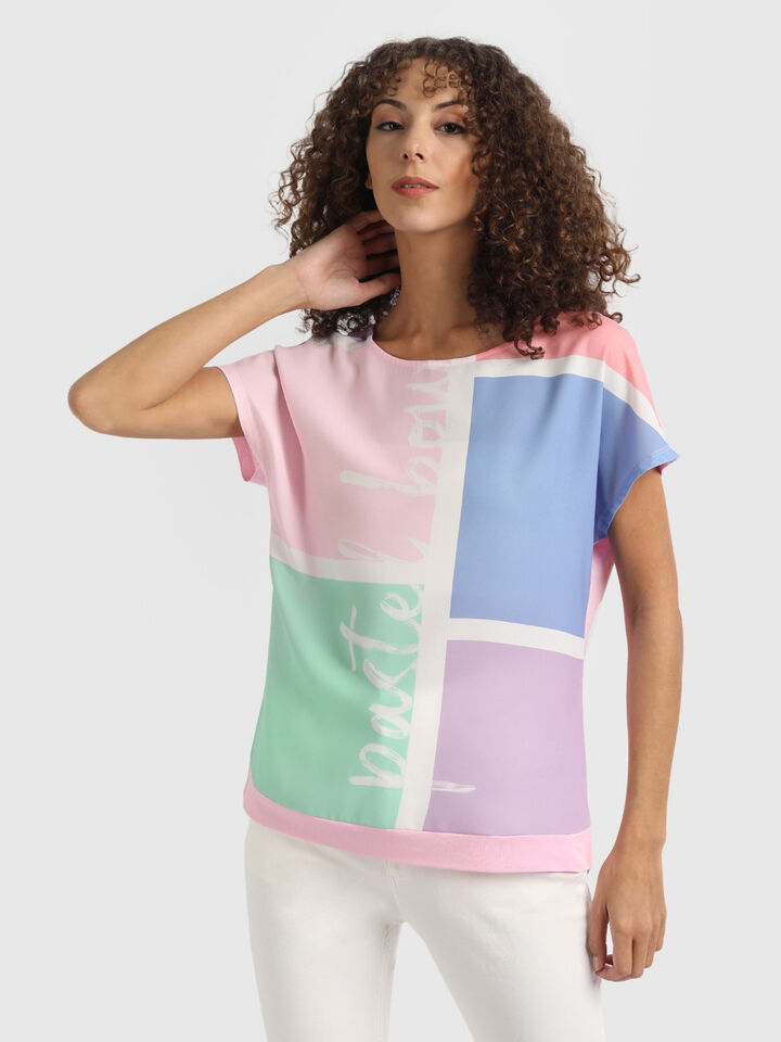 Knit Woven Top With Text