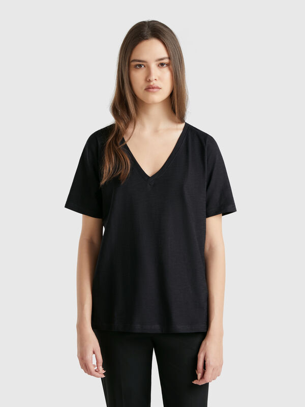 V-neck t-shirt in slub cotton Women
