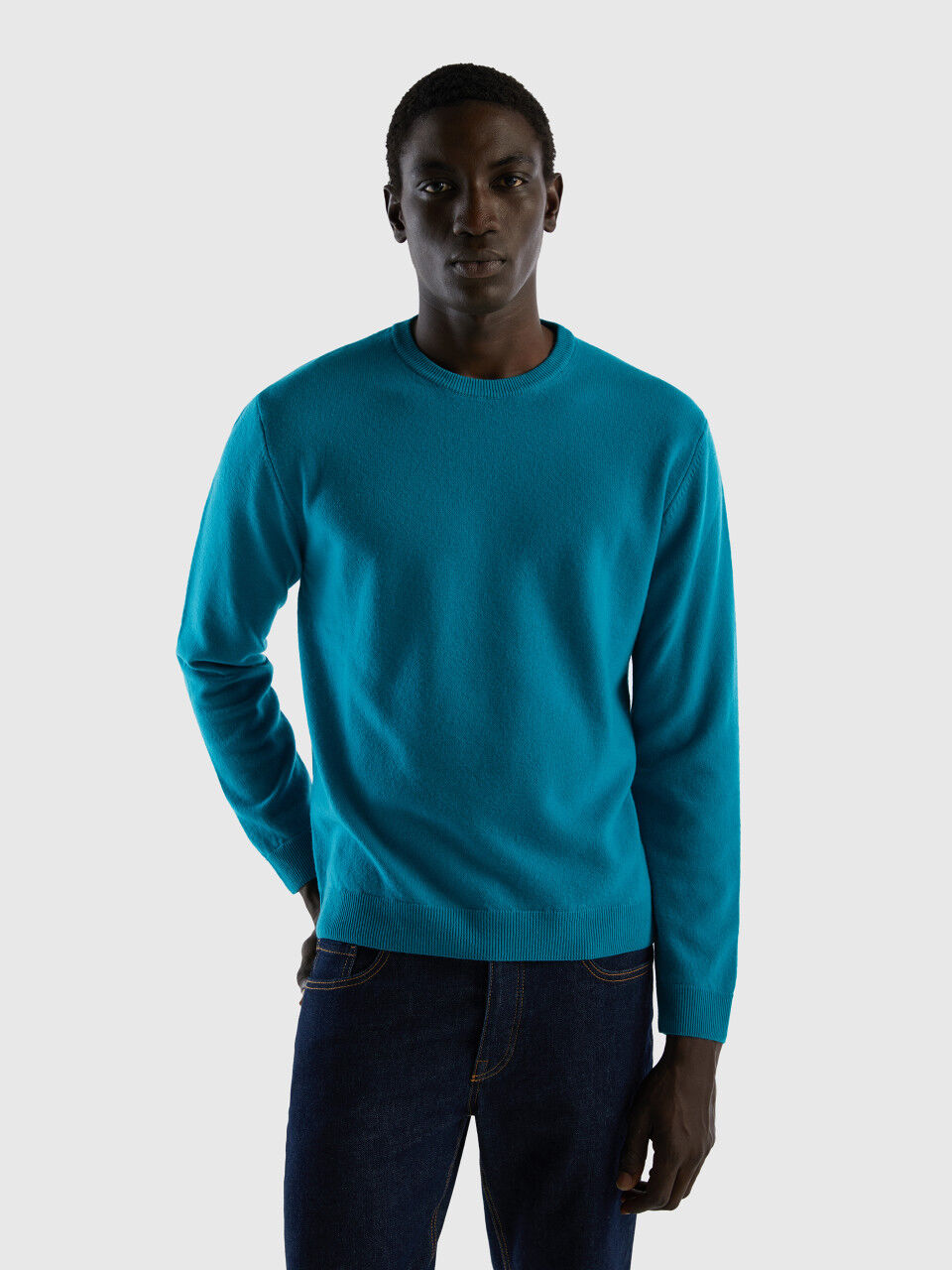 Teal crewneck sweater in pure Merino wool