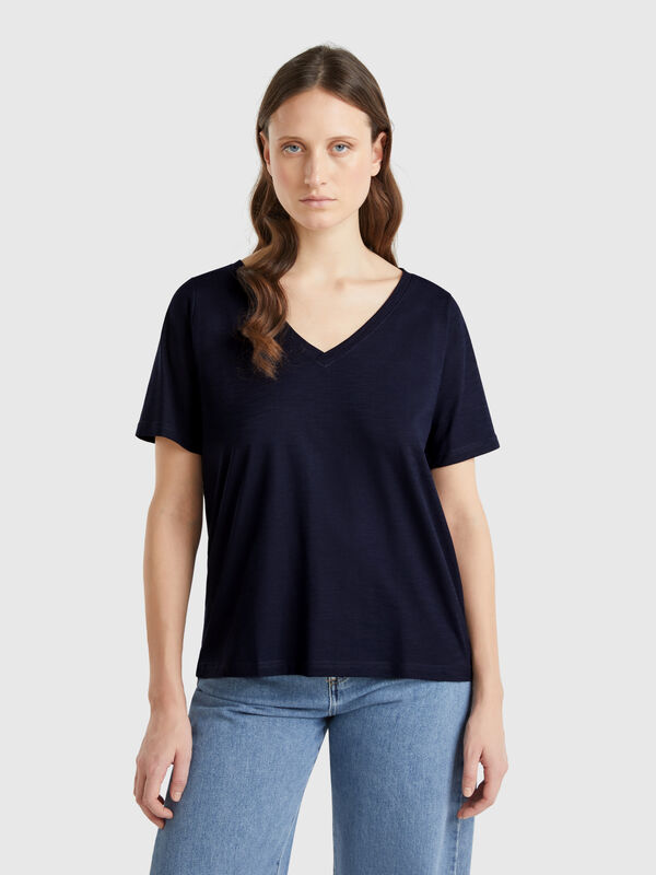 V-neck t-shirt in slub cotton Women