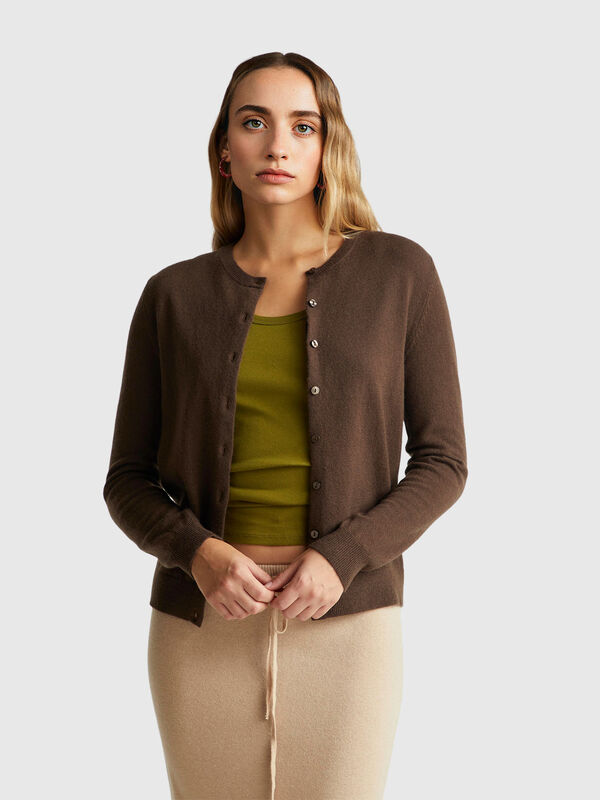 Brown crew neck cardigan in pure Merino wool Women