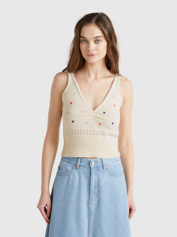 Knit tank top with flower embroidery Women