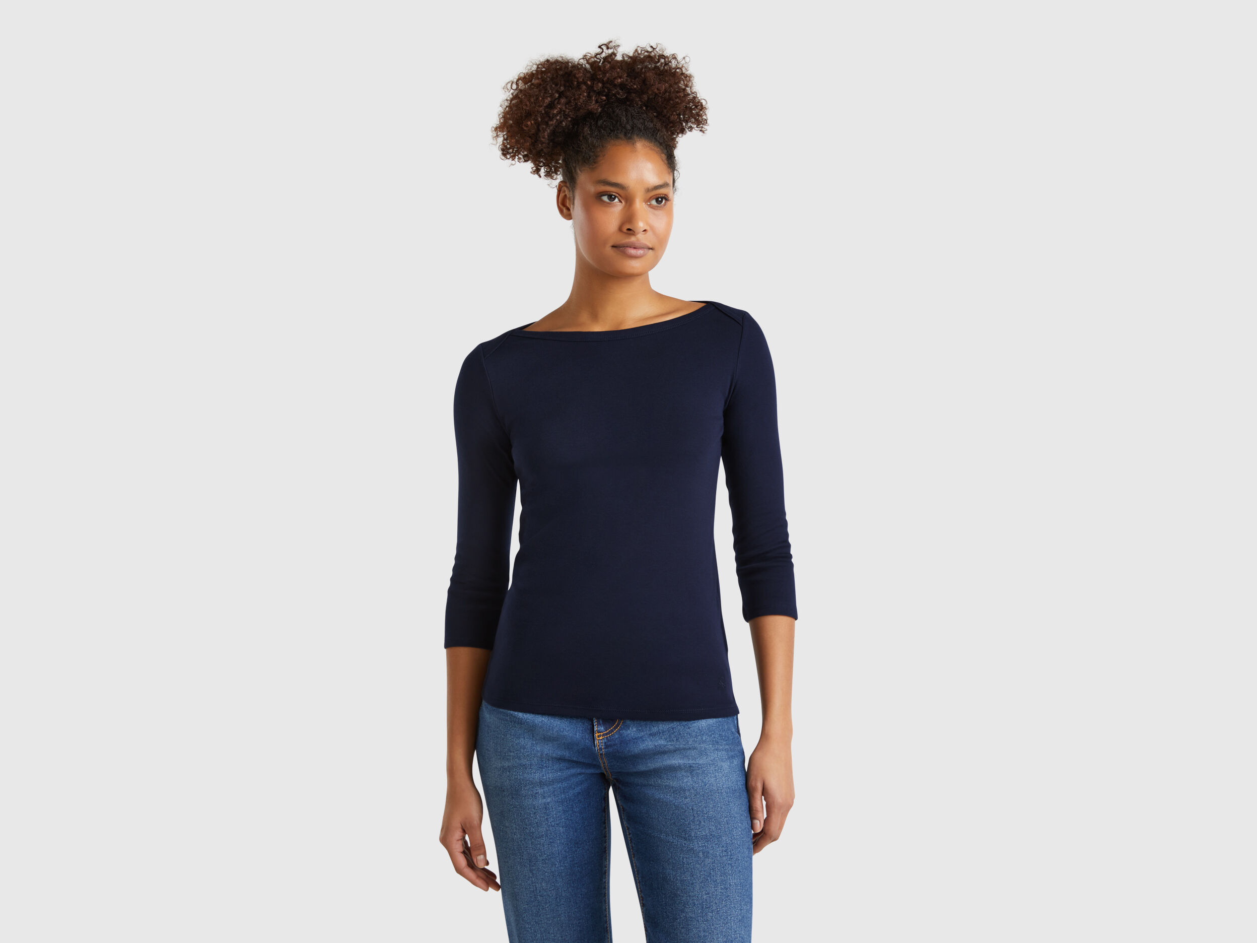 【EEUN】Tencel Boat Neck Tee Coastal Cotton Three-Quarter Sleeve Bateau-Neck Tee