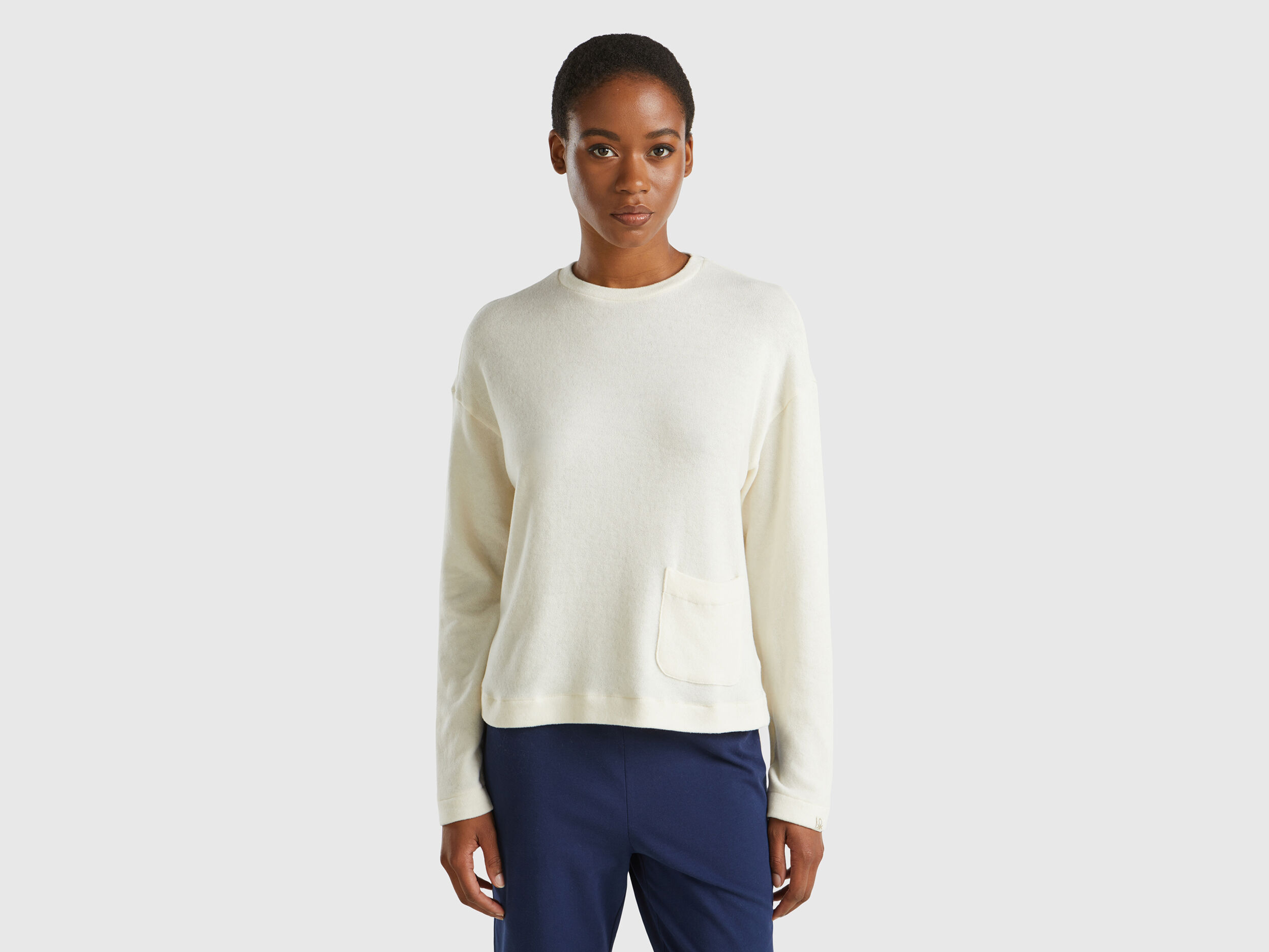 Warm stretch cotton sweater Creamy White Benetton