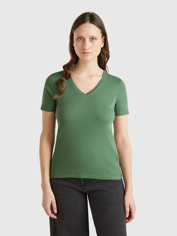 Forest green pure cotton t-shirt with V-neck Women