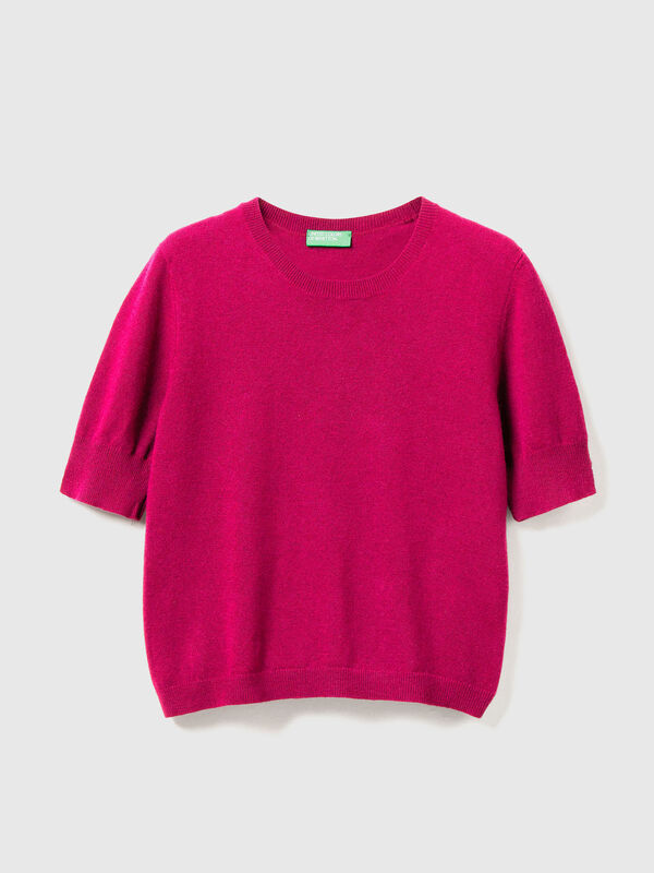 Fuchsia short sleeve sweater in pure Merino wool Women