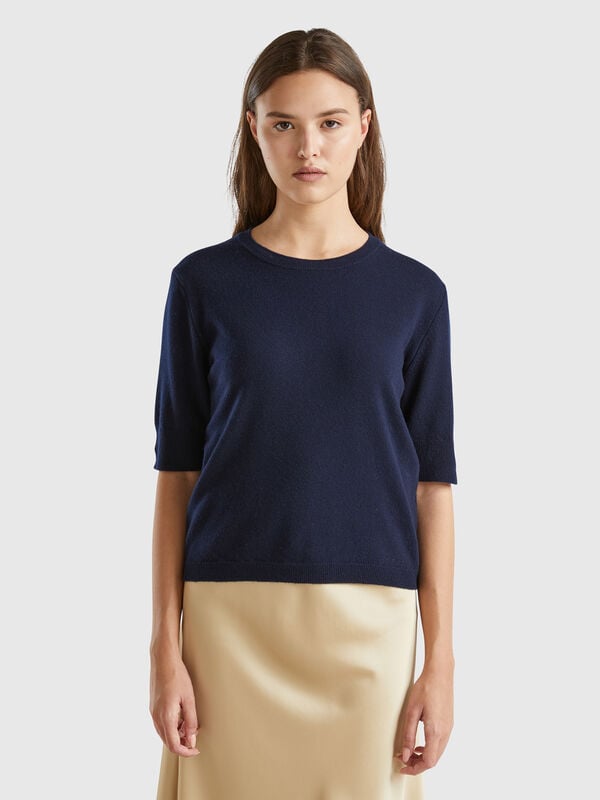 Dark blue short sleeve sweater in pure Merino wool Women