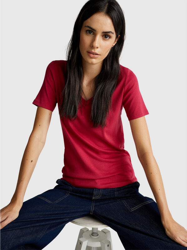 Pure cotton t-shirt with V-neck Women