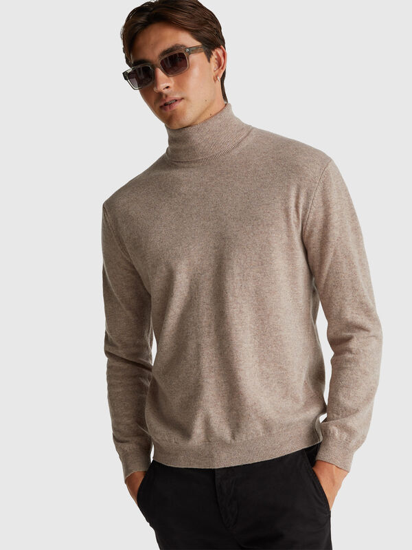 Brown mélange turtleneck in pure Merino wool Men