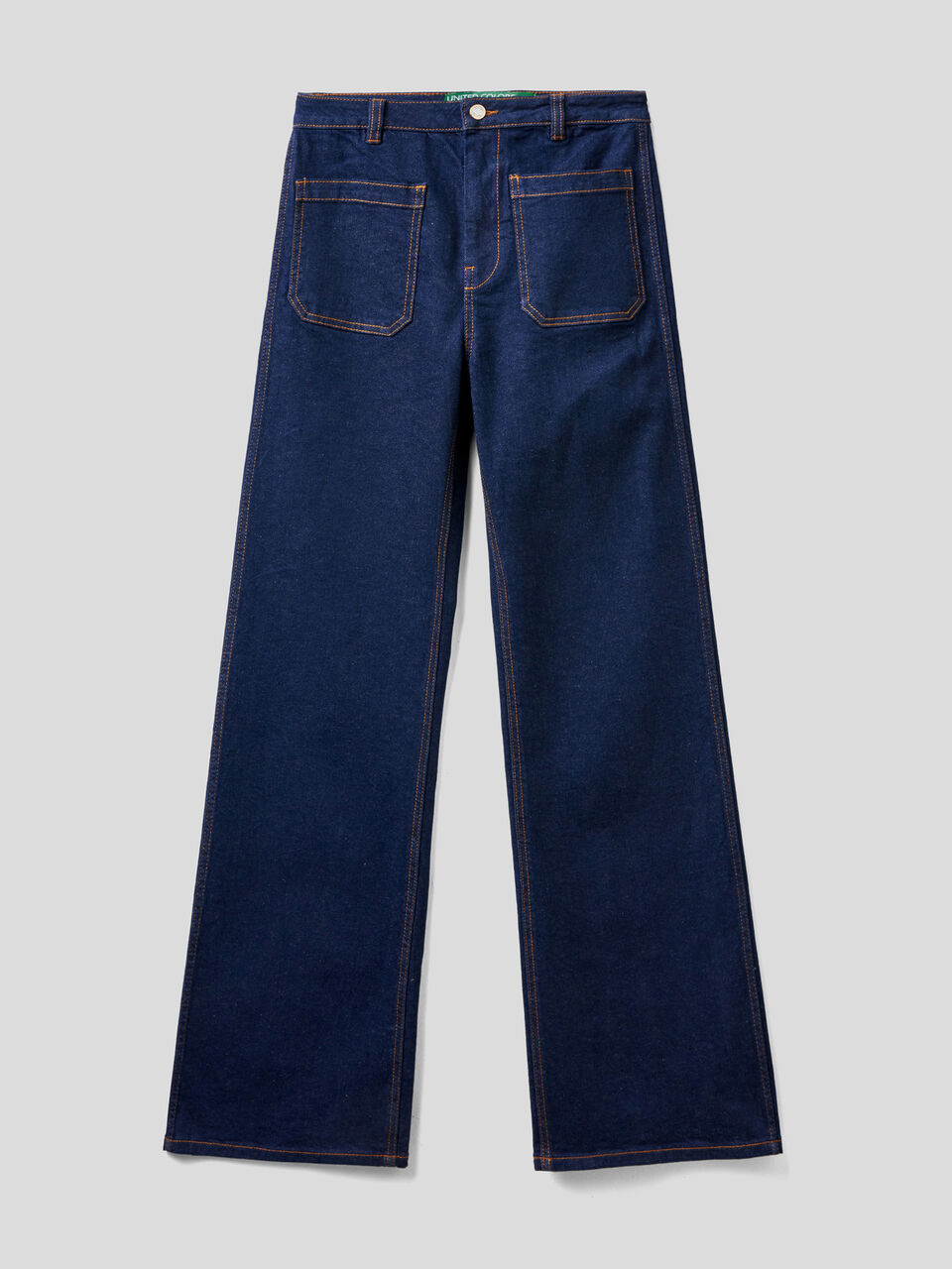 Denim look flare fit trousers image number 1