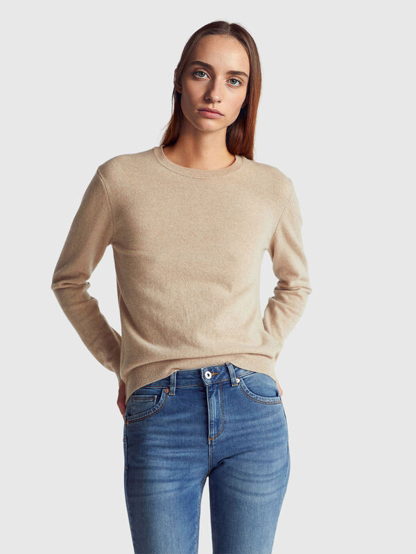 Beige crew neck sweater in pure Merino wool Women