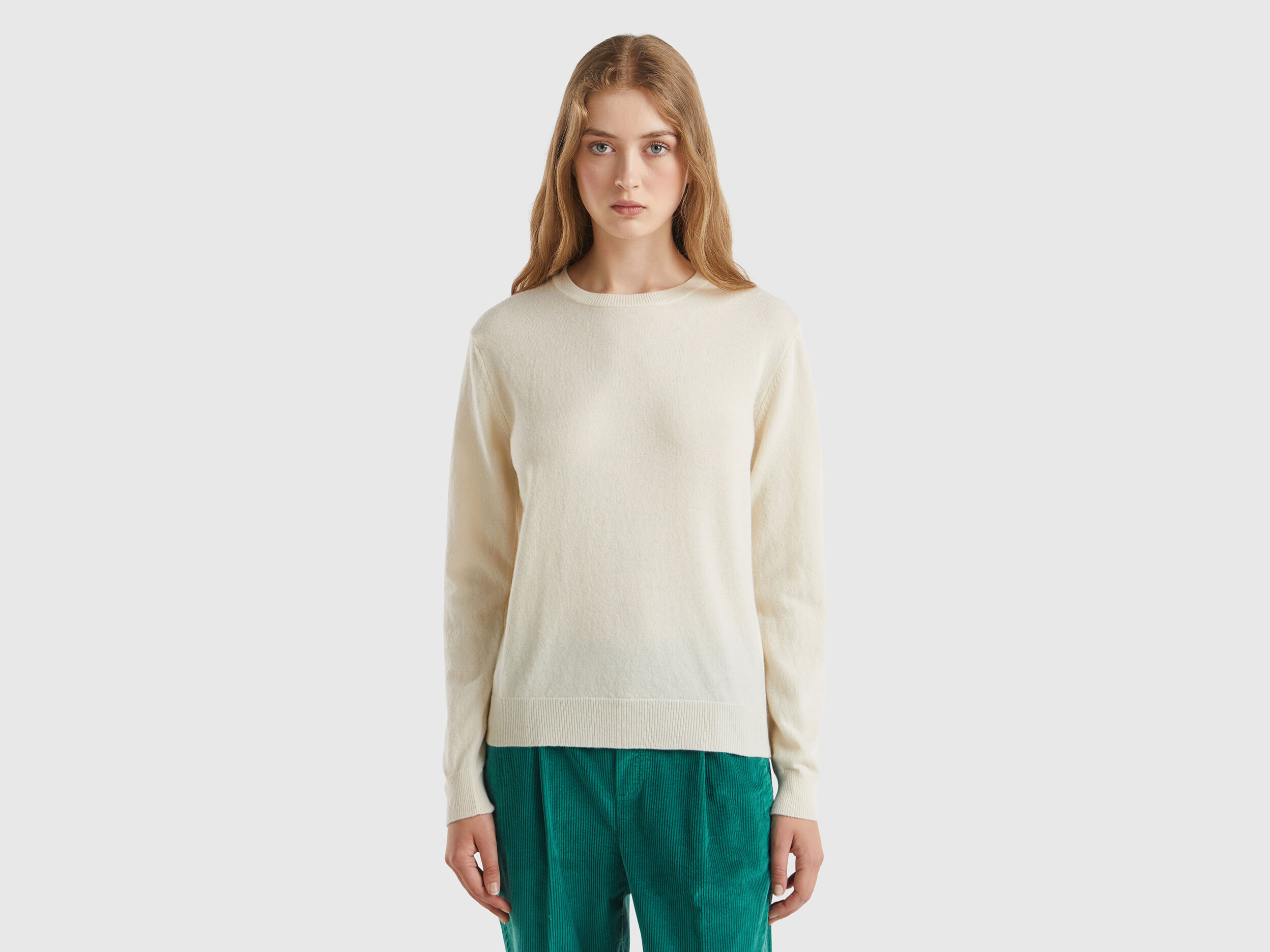 Cream crew neck sweater in Merino wool Creamy White Benetton