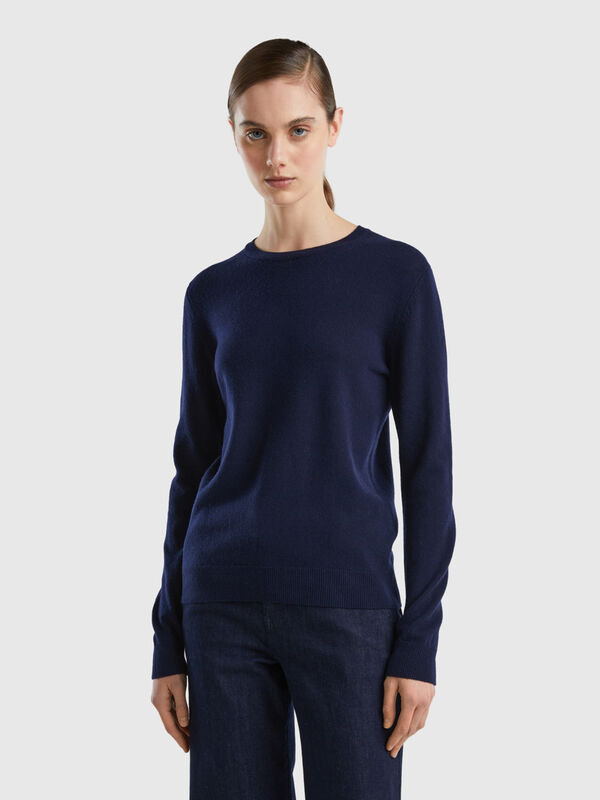Dark blue crew neck sweater in Merino wool Women