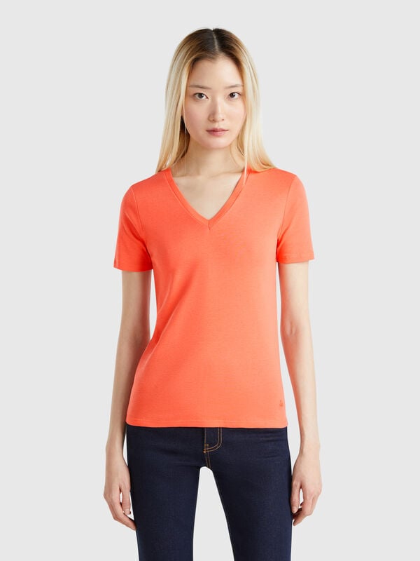 Coral pure cotton t-shirt with V-neck Women