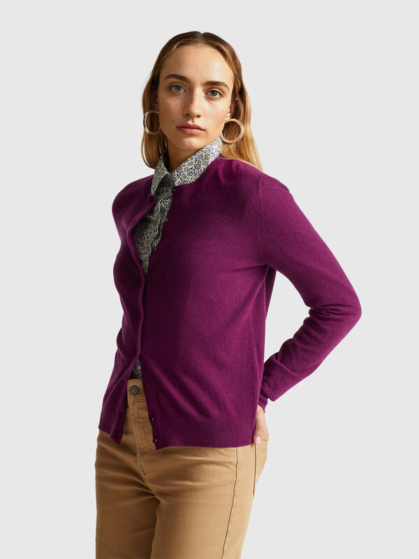 Purple crew neck cardigan in pure Merino wool Women