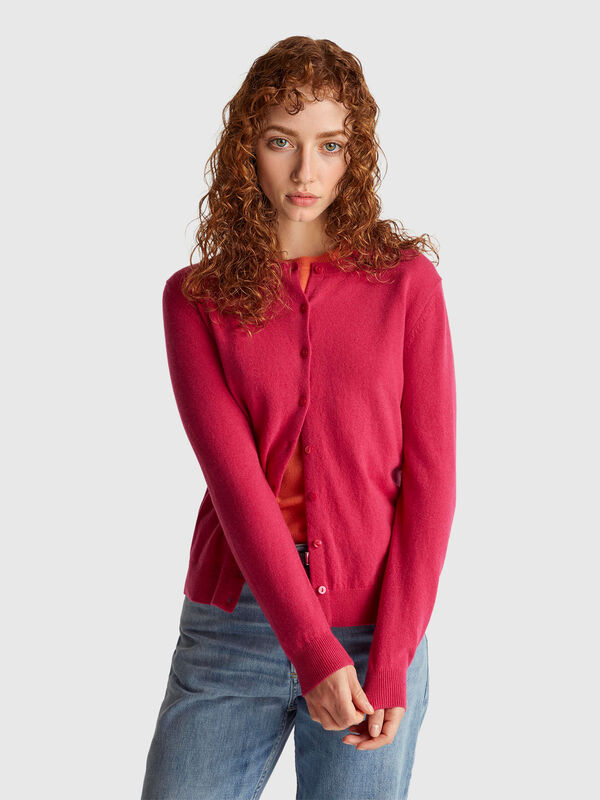 Fuchsia crew neck cardigan in pure Merino wool Women