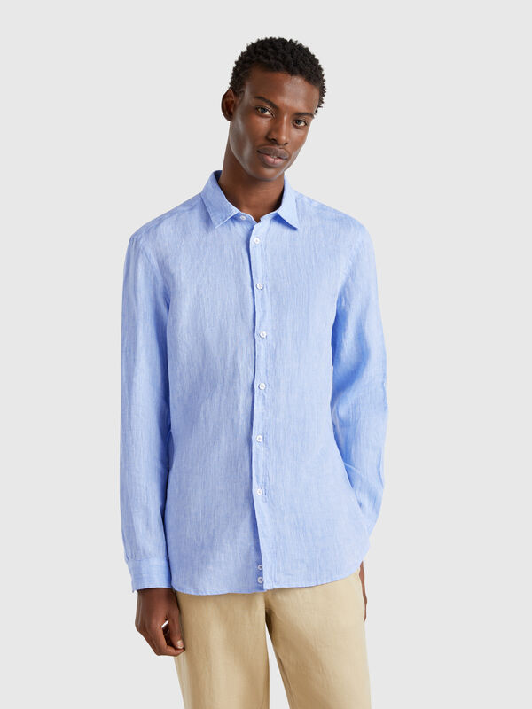 Light blue patterned shirt in pure linen Men