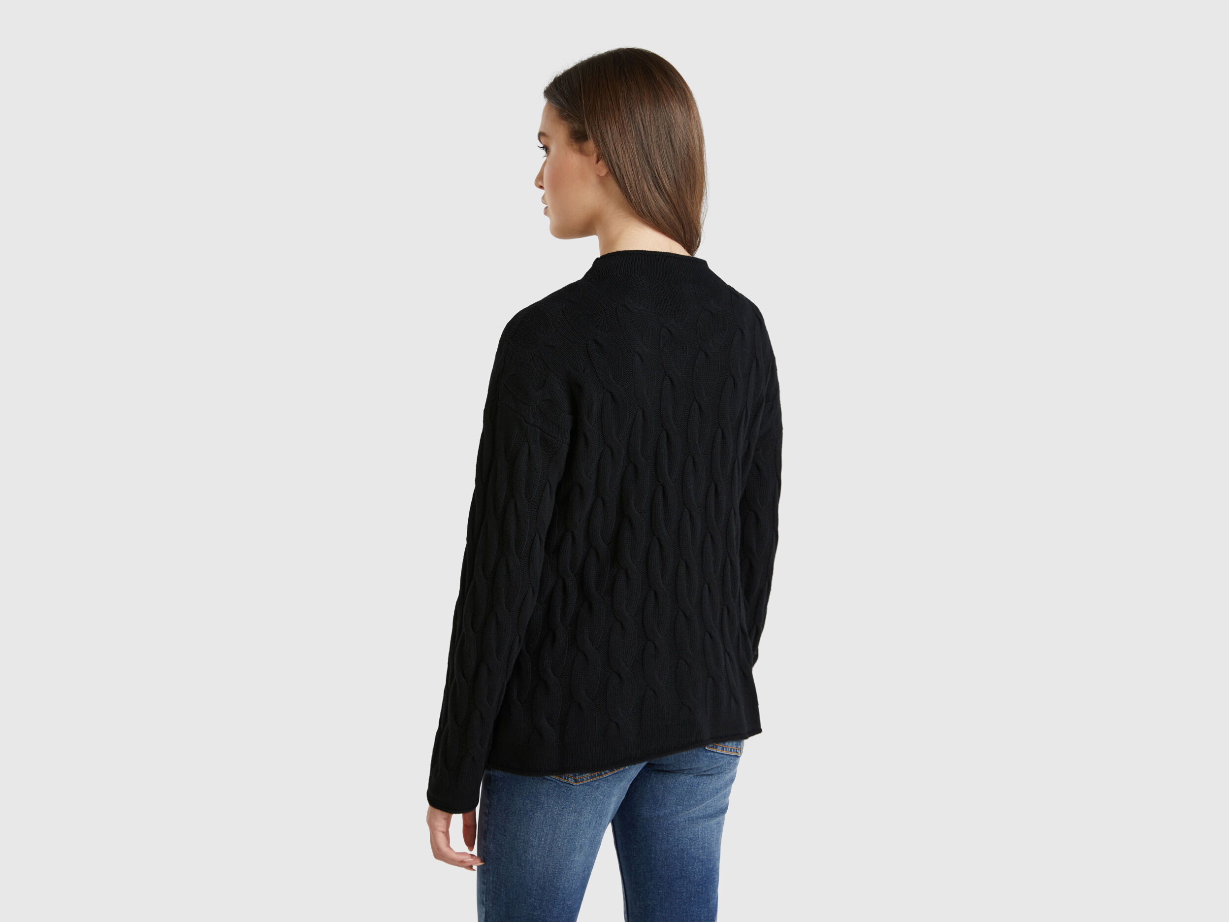 Cashmere blend sweater with cable knit - Black | Benetton