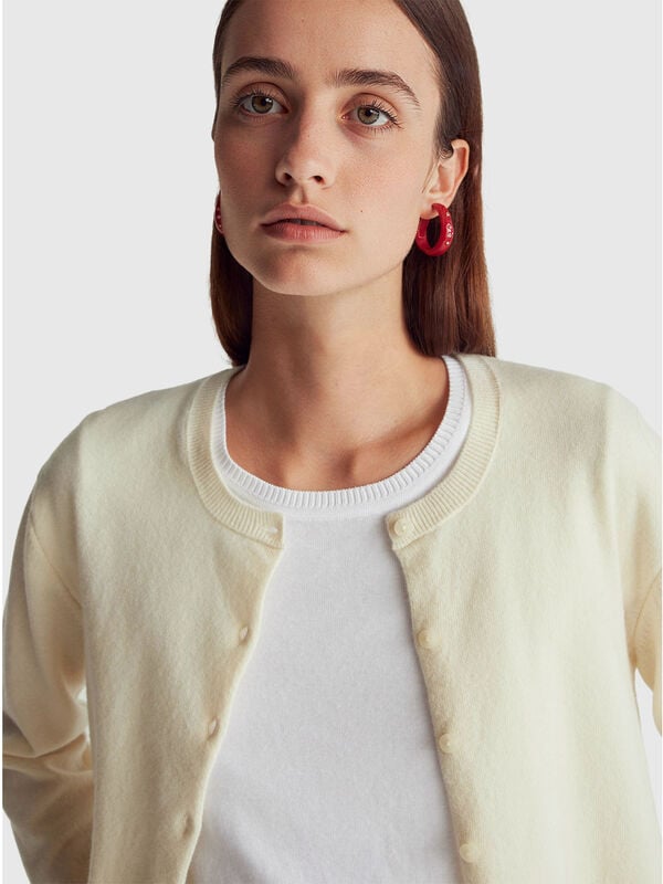 Cream crew neck cardigan in pure Merino wool Women